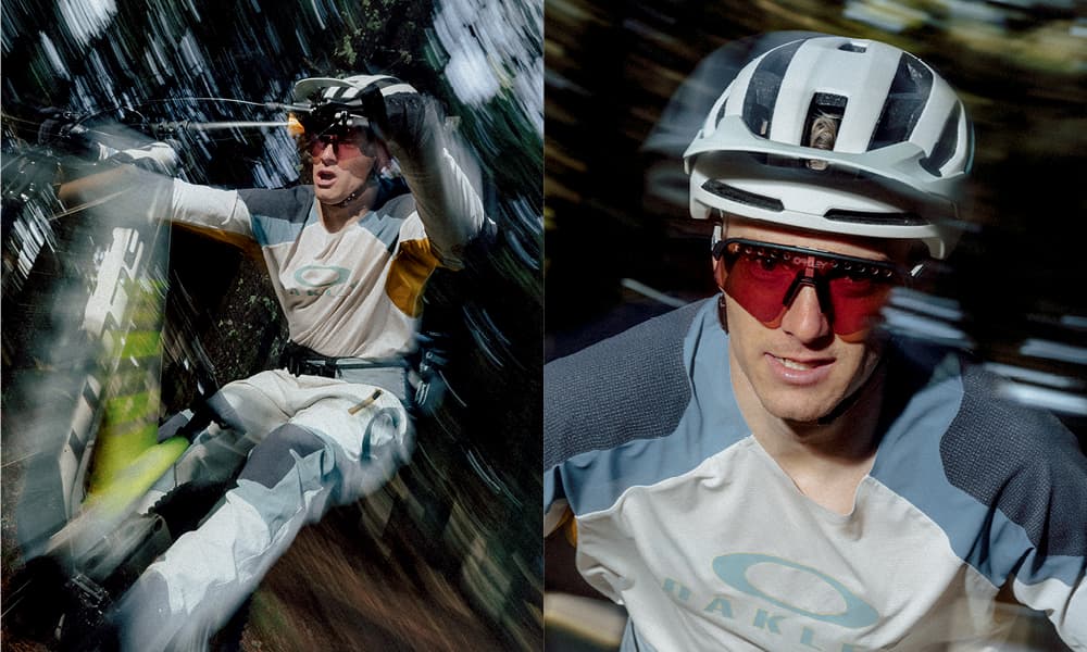 Split image: Left panel shows a cyclist doing a wheelie; right panel is a close-up of the cyclist in a helmet and sunglasses.