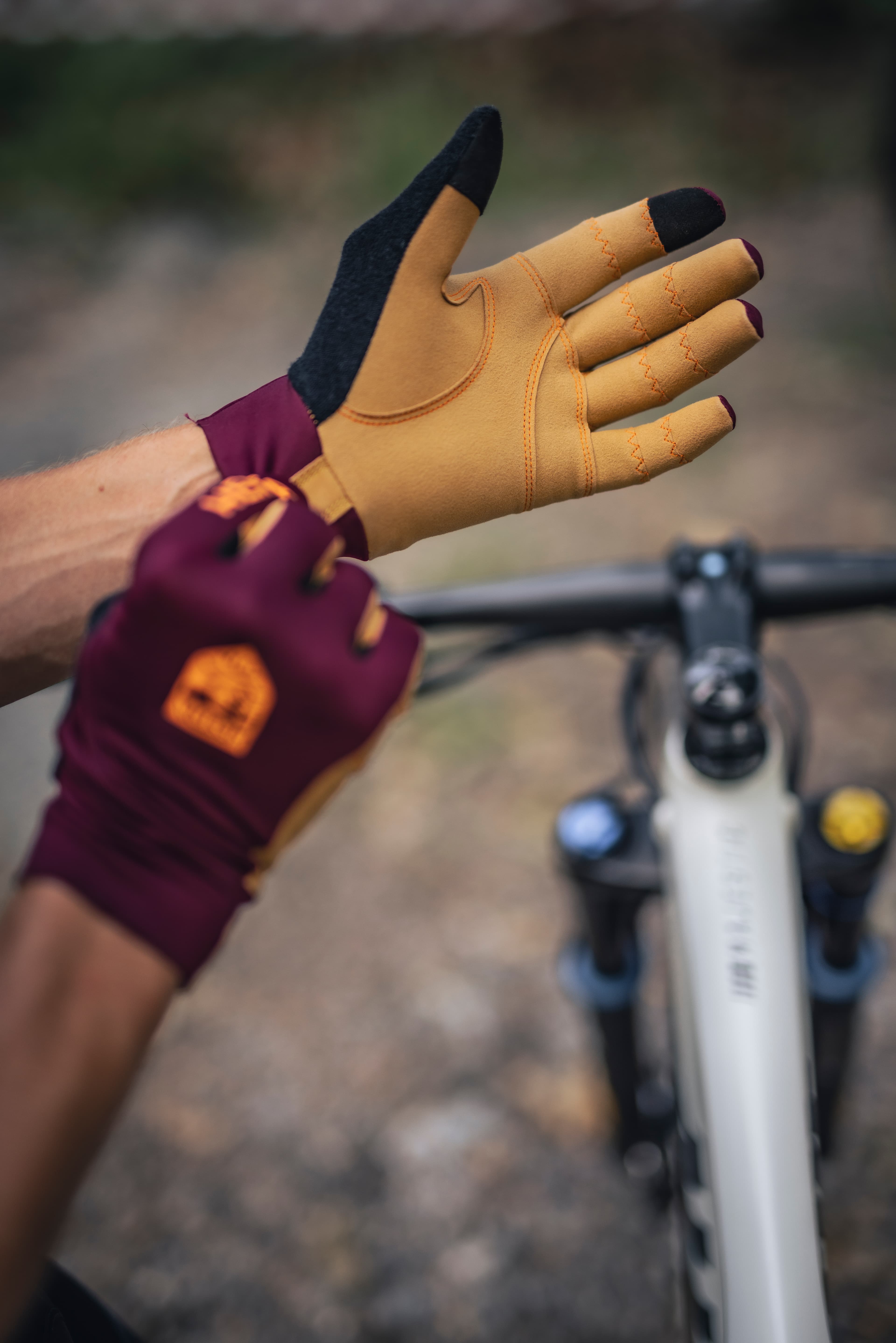 Close-up of a pair of hands with bicycle gloves on with a bike in the background.