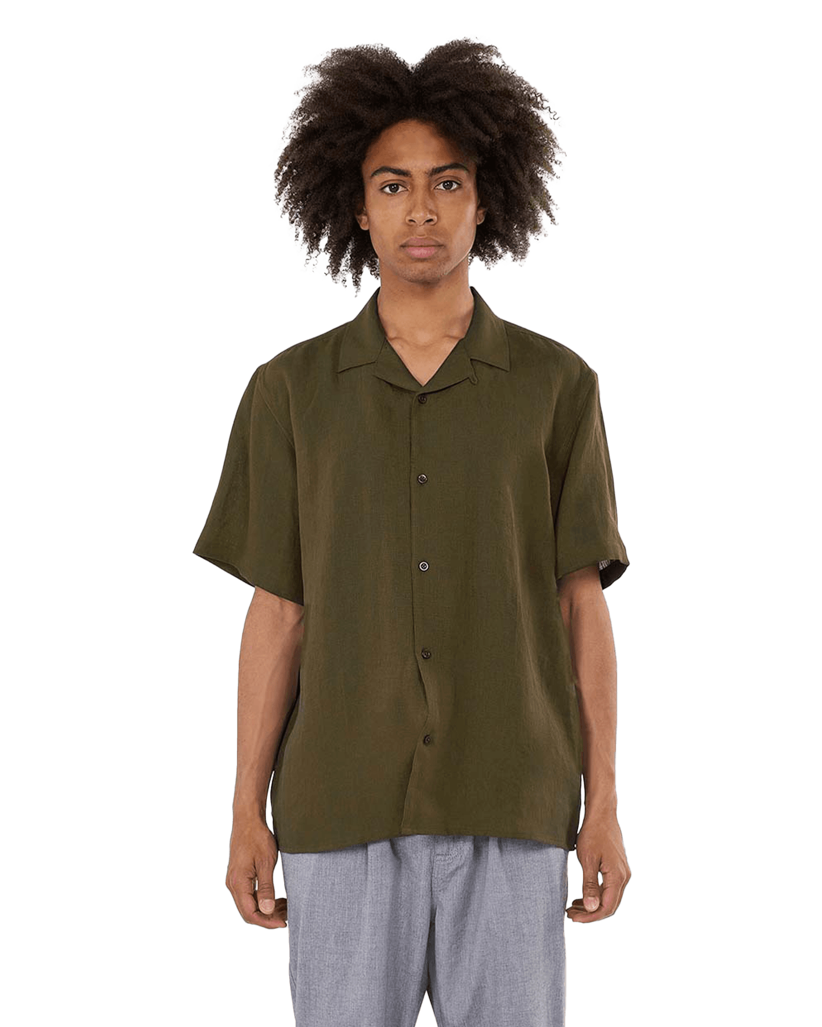 Box Fit Short Sleeved Linen Shirt M 1068 Burned Olive