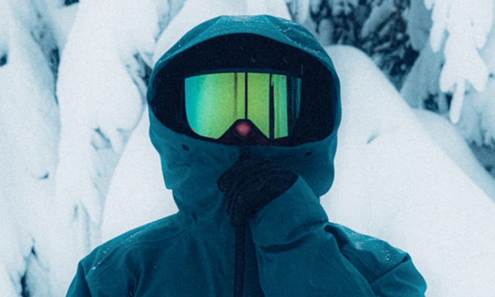 Person in a blue jacket and reflective goggles surrounded by snow-covered trees.