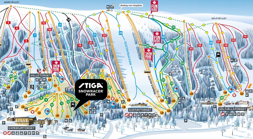 Map of a ski resort showing various ski runs, lifts, and facilities. "Stiga snowracer park" is highlighted.