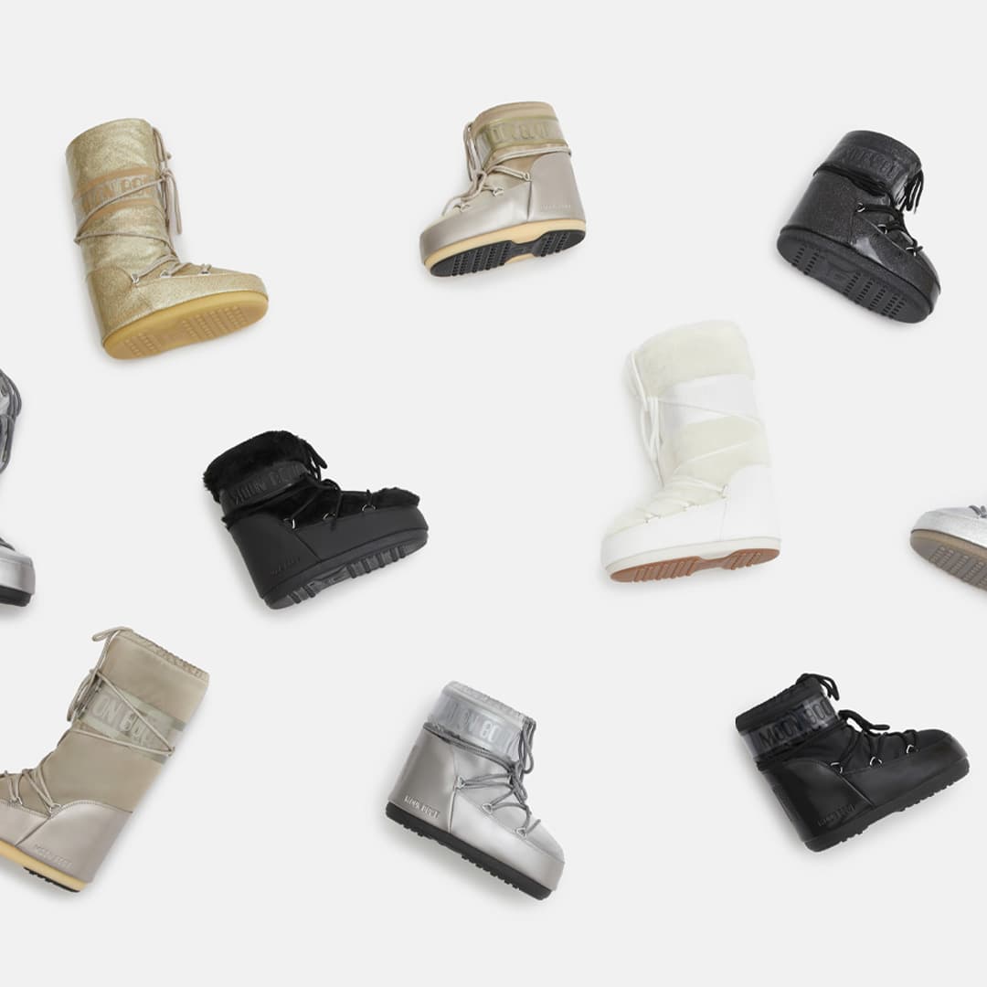 A variety of winter boots in different colors and styles are arranged on a white background.