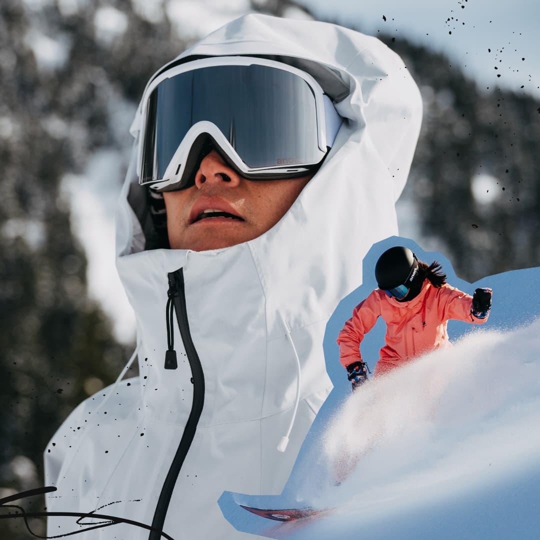 Person in a white hooded jacket and goggles, with an inset of a snowboarder in pink gear against a snowy mountain backdrop.