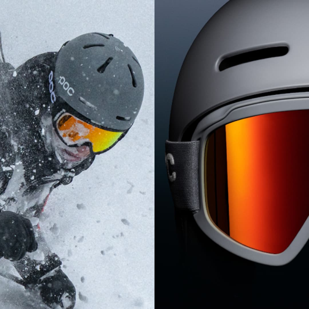 Split image: Left shows a skier in action on snowy terrain, wearing a helmet and goggles. Right shows a close-up of a helmet with orange-tinted goggles.