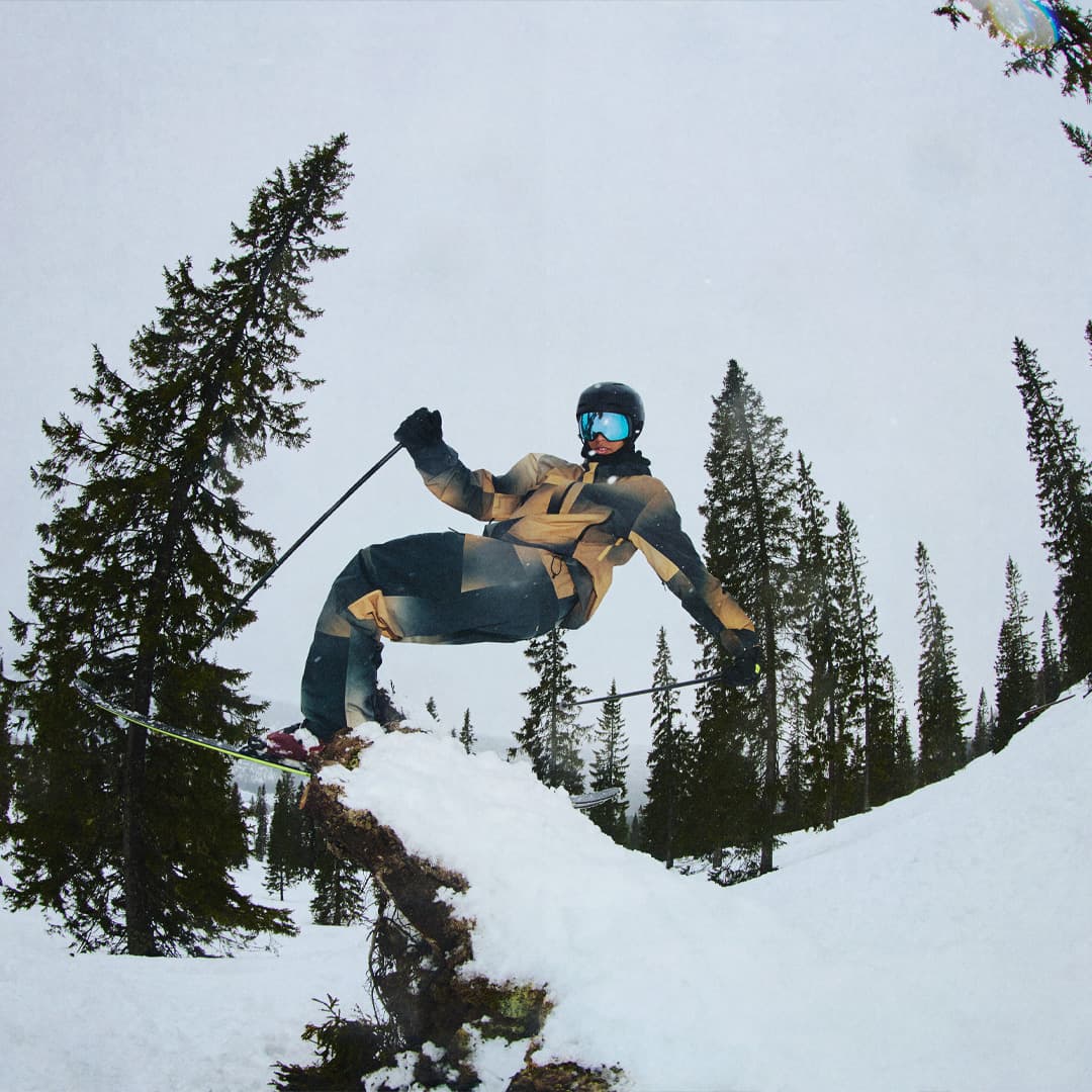 Skier railing on a tree in the forest