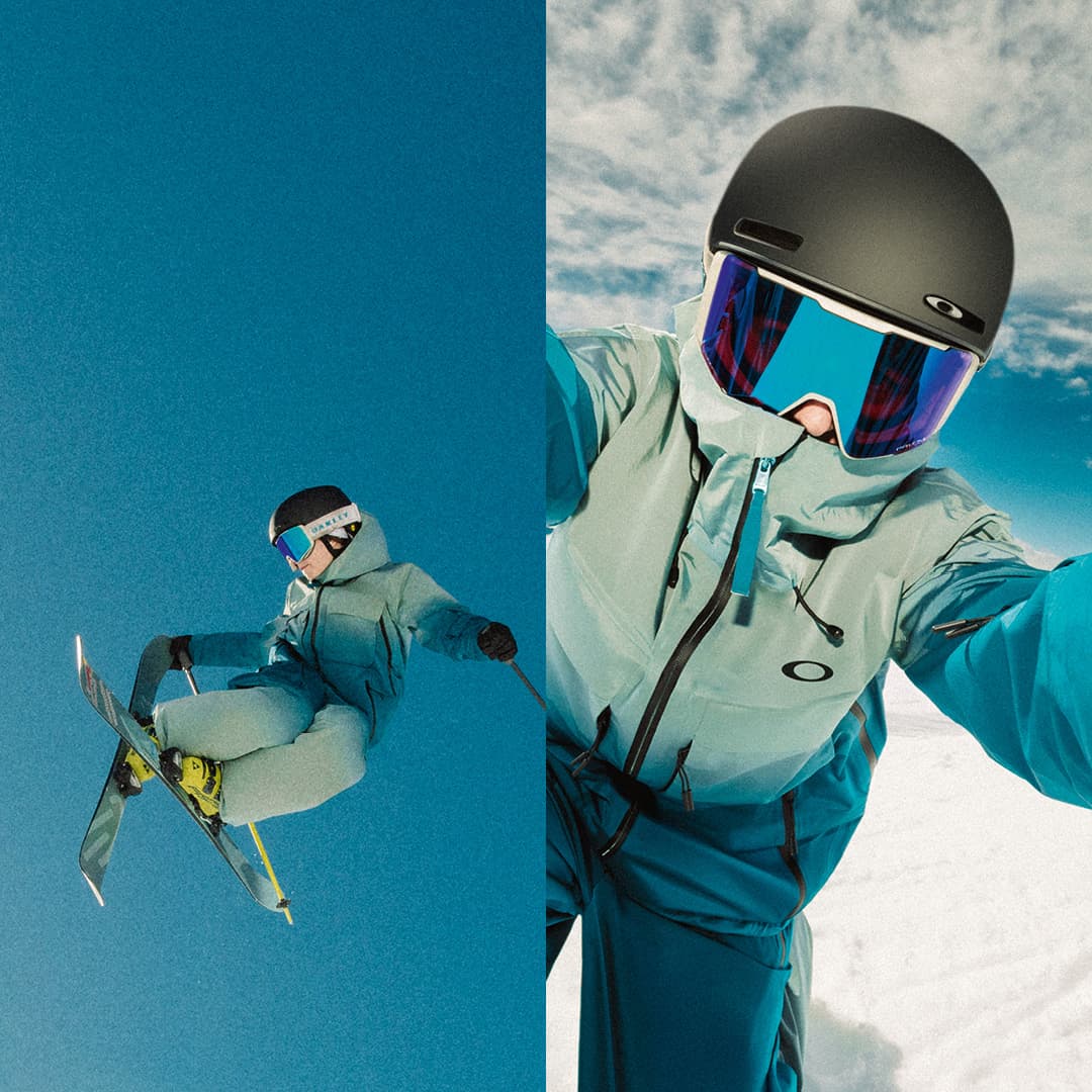 Split image with skier flying in the air to the left and same skier holding the camera and pointing it to himself. He's wearing blue Oakley ski clothes and Oakley goggles.