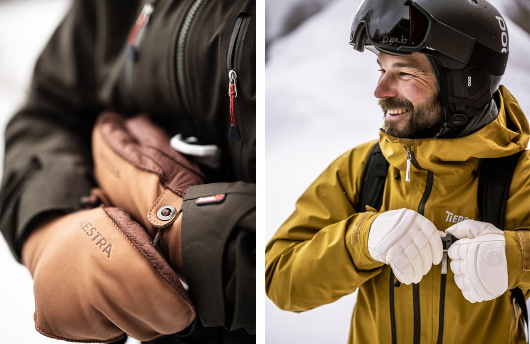 Split image: Left shows a person holding brown mittens; right shows a person in a yellow jacket and helmet, smiling with white gloves.