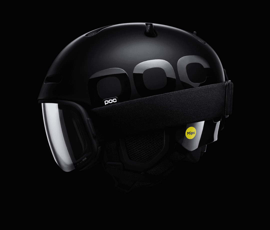 Black POC ski helmet with integrated visor and MIPS technology, shown in profile against a dark background.