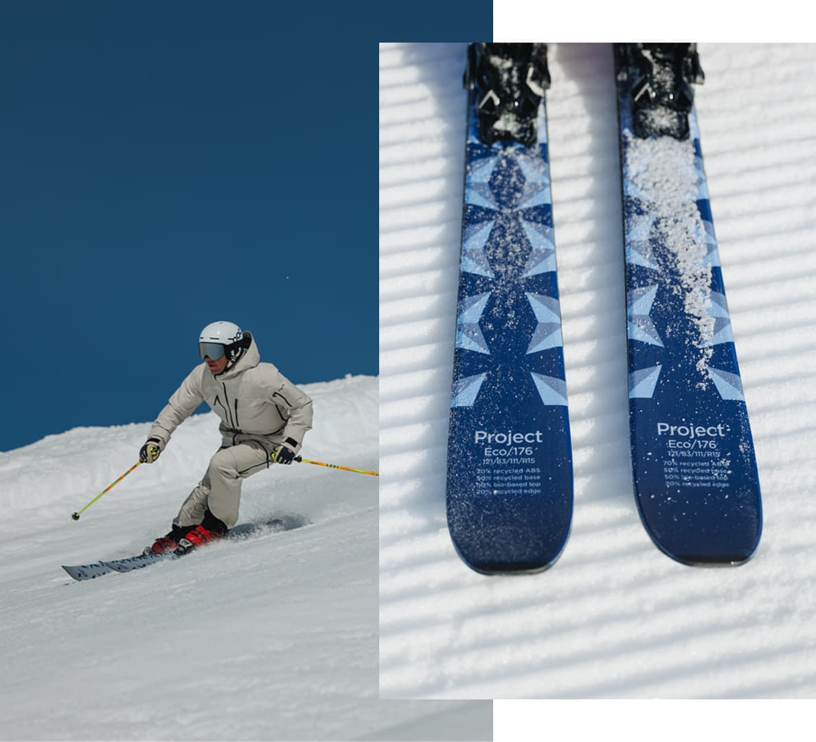 A skier in beige gear descends a snowy slope; close-up of blue patterned skis with snow.