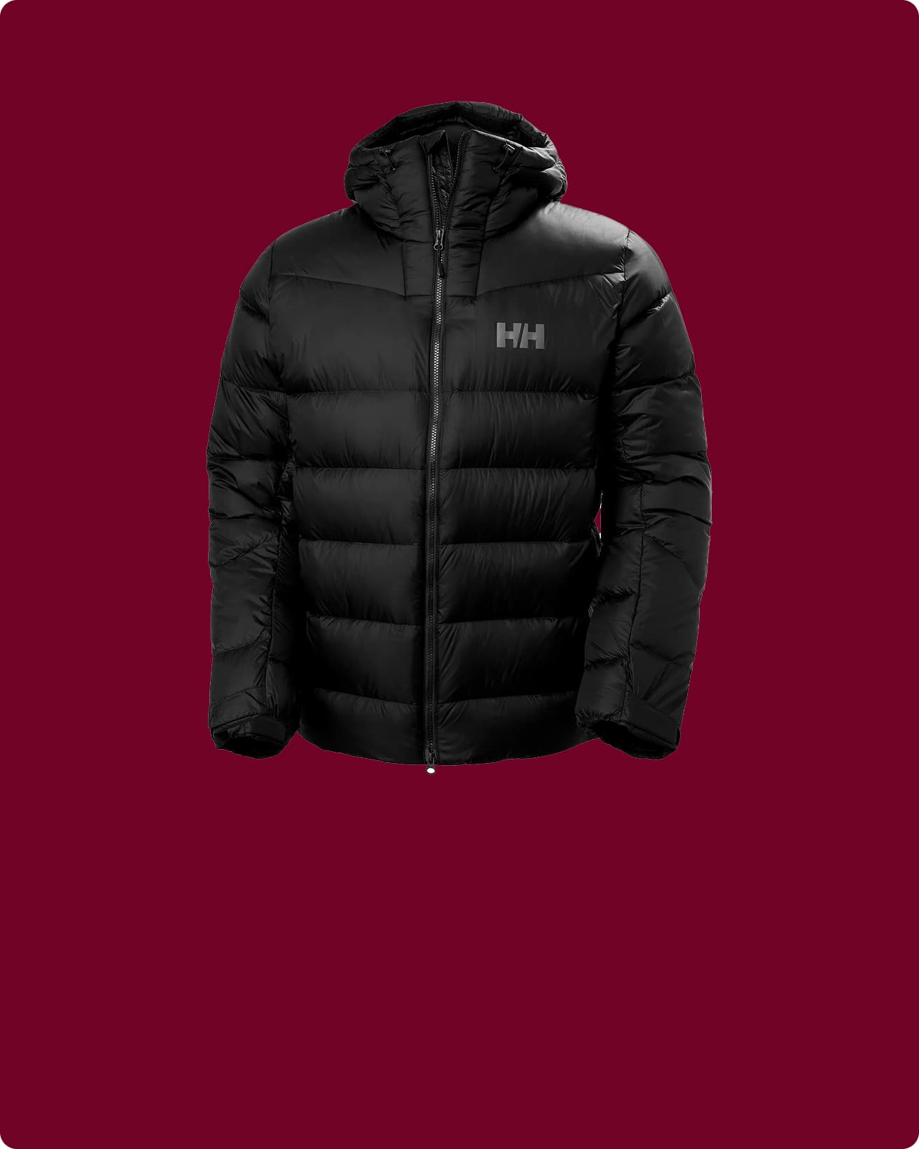 Black jacket on a maroon background.