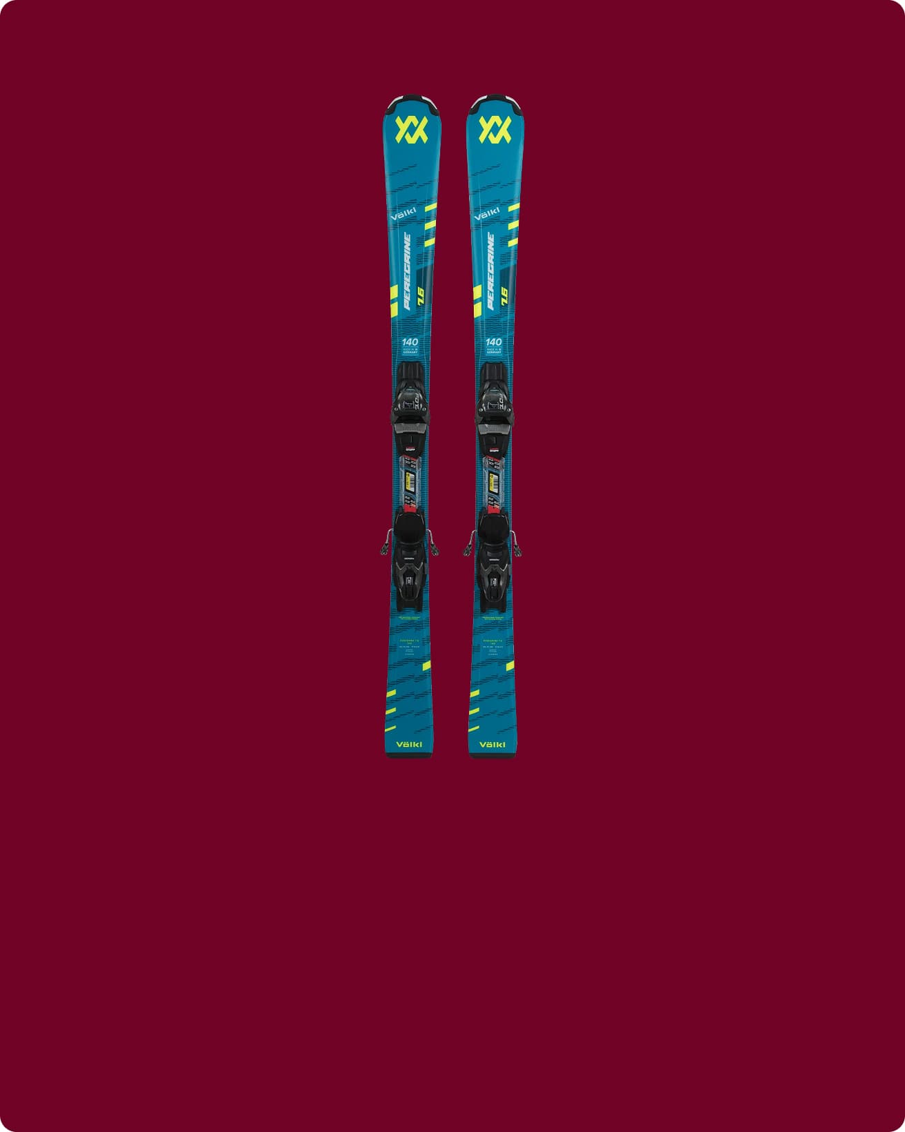 A pair of blue skis on a maroon background.