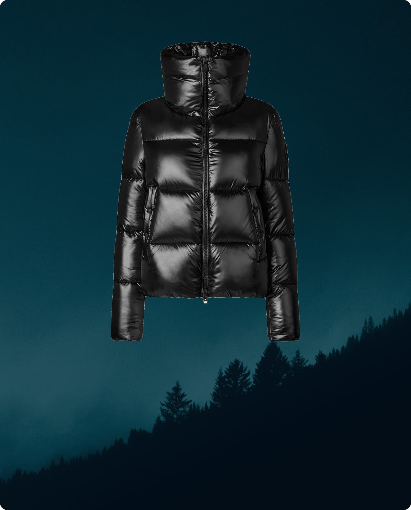 Black jacket, against a dark forest background.