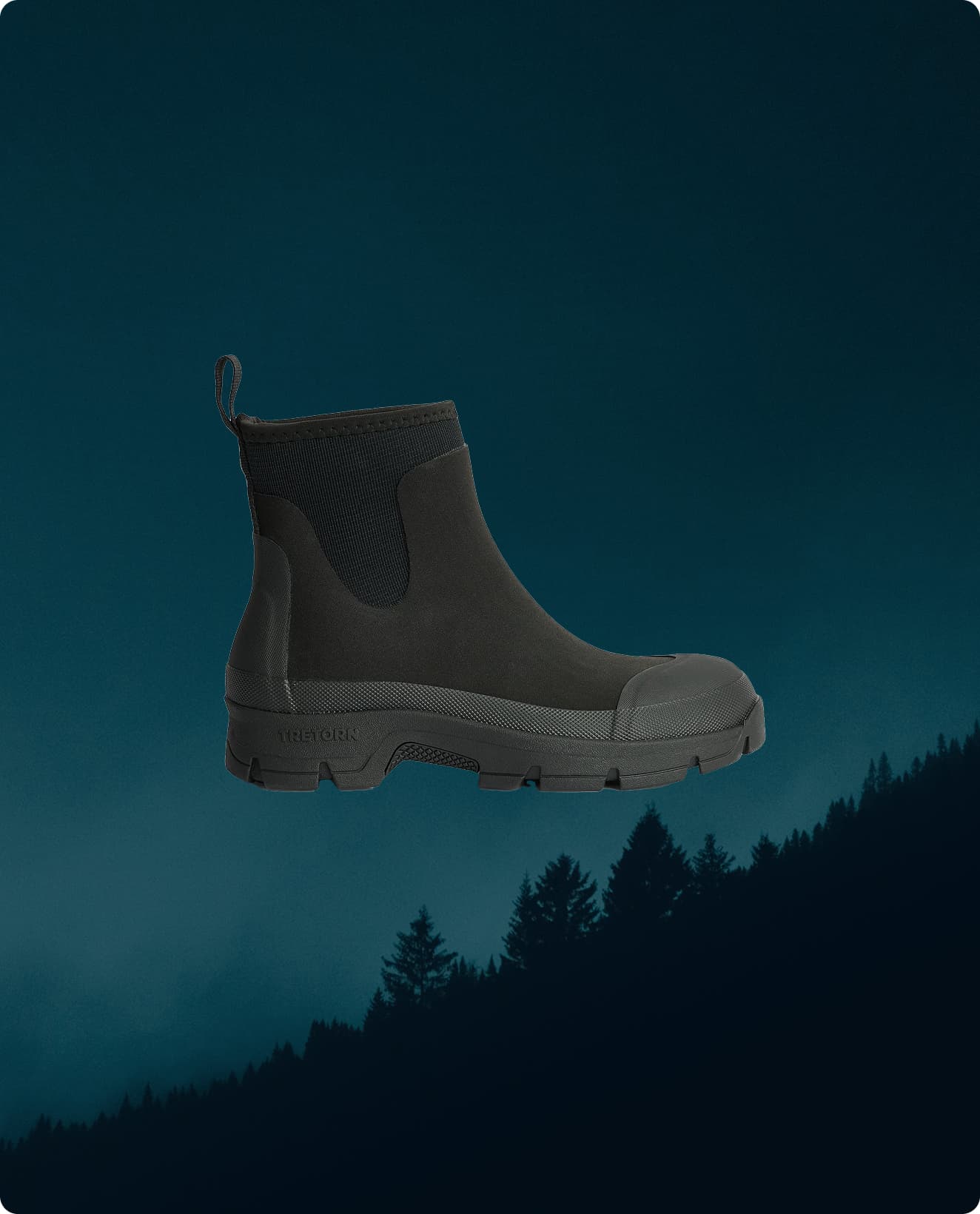Black shoe, against a dark forest background.