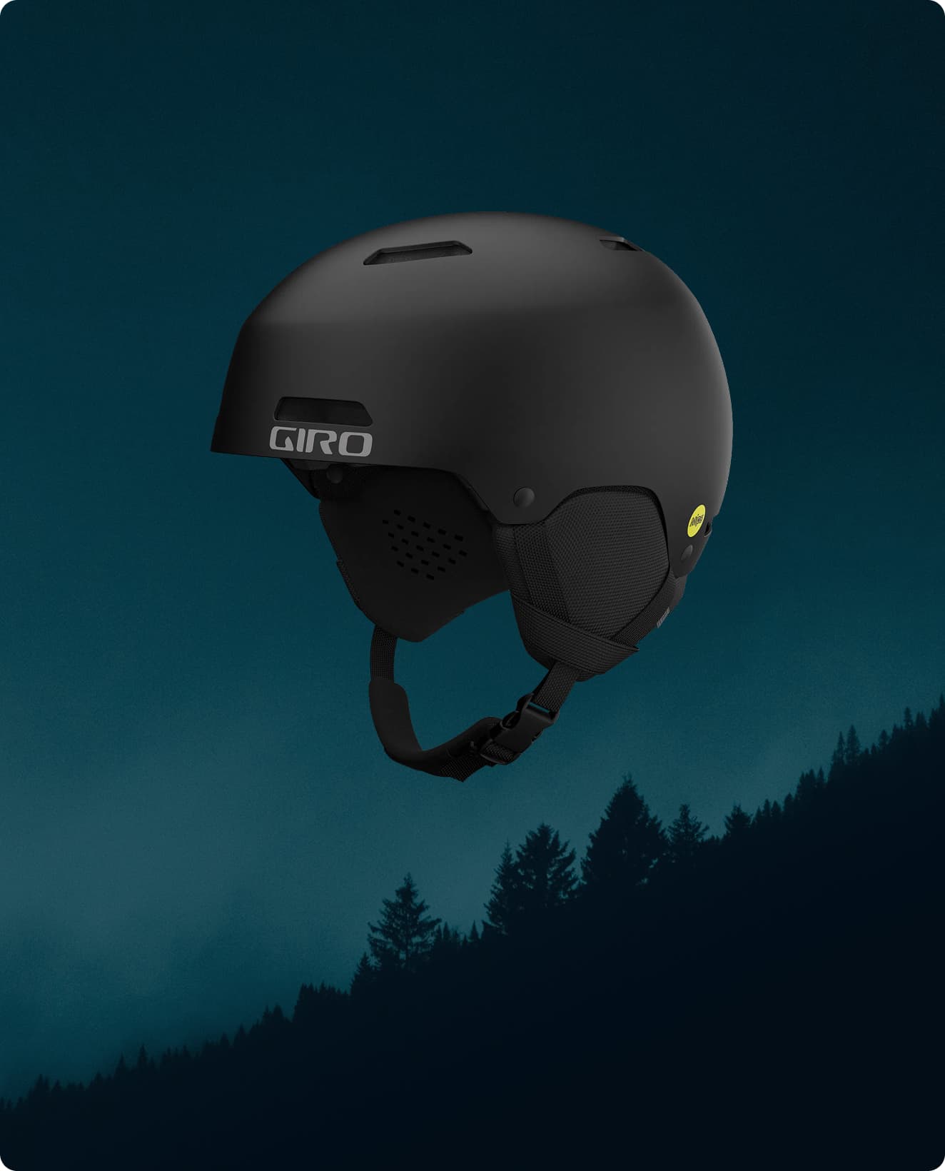 Black helmet, against a dark forest background.