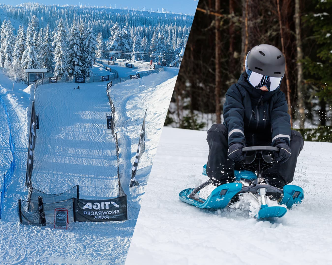 Split image: Left shows a Stiga snowracer park; right depicts a person in winter gear sledding on a snowy hill.