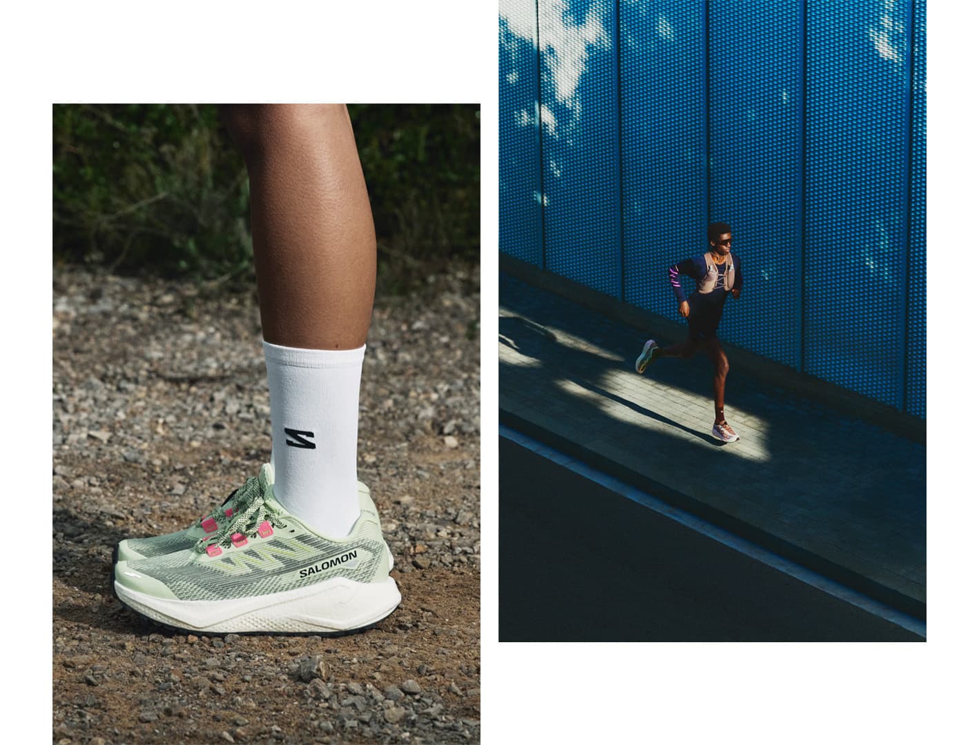 Close-up of a foot wearing green Salomon running shoes and long white socks; person running on a sunlit path beside a blue mesh fence.