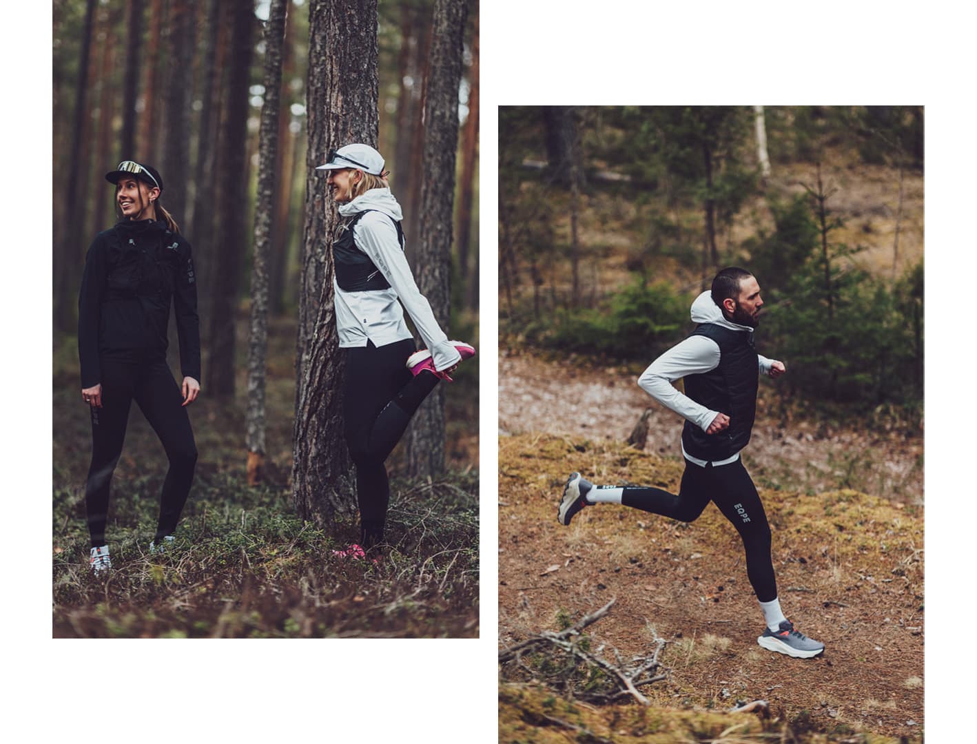 Two images of people exercising in a forest: left shows two women stretching, right shows a man running on a trail.
