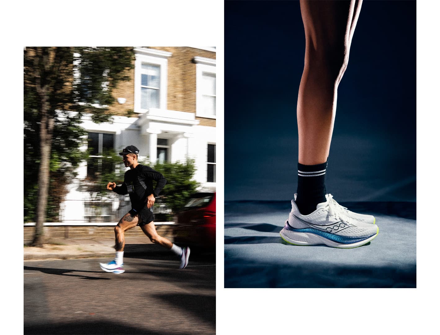 A person running outdoors in a city, wearing black shorts and a cap. Close-up of athletic shoes, showcasing their design and cushioning.