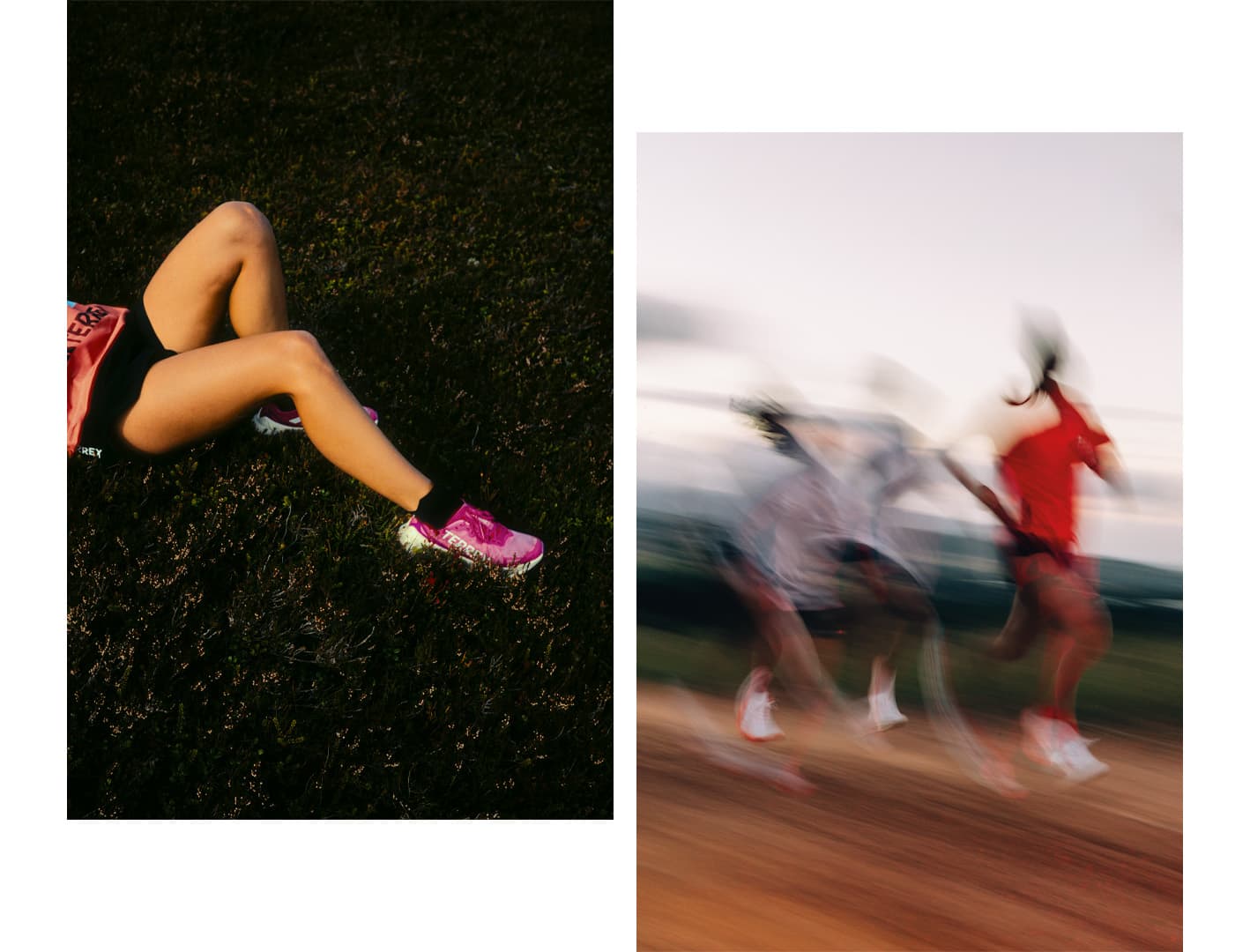 Left: Person lying on grass wearing pink shoes. Right: Three people running in a blurred motion on a track.