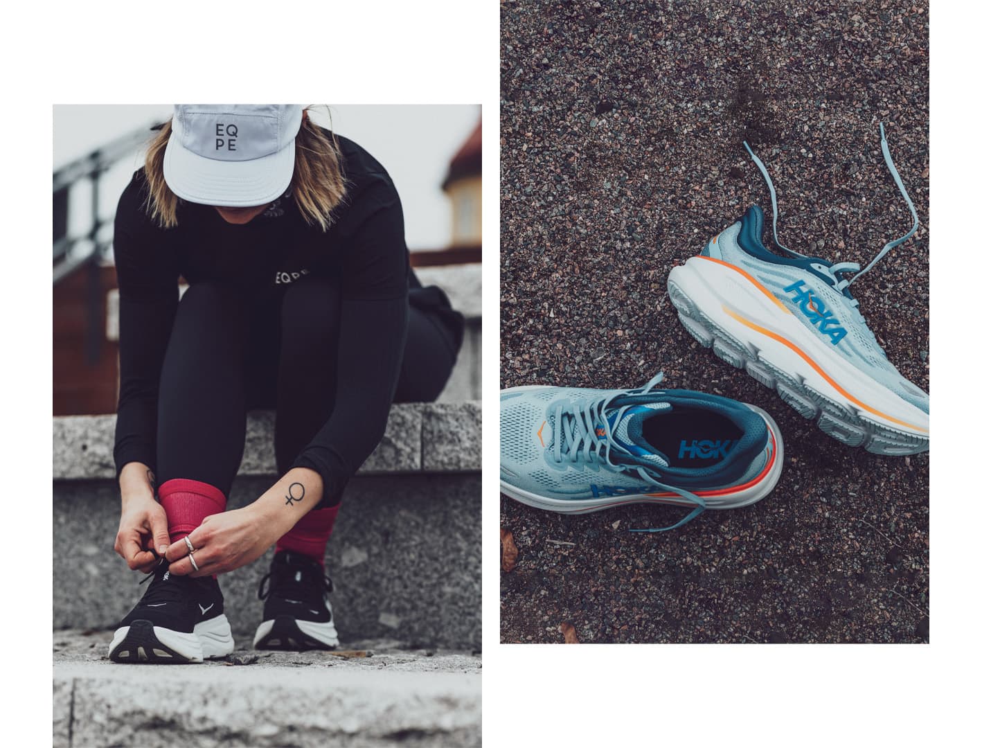 Person tying athletic shoes on steps; separately, a pair of blue and orange running shoes on pavement.