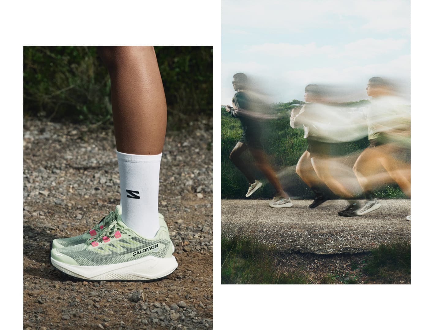 Close-up of a person wearing Salomon running shoes and socks on gravel; next to blurred image of people running on a path.