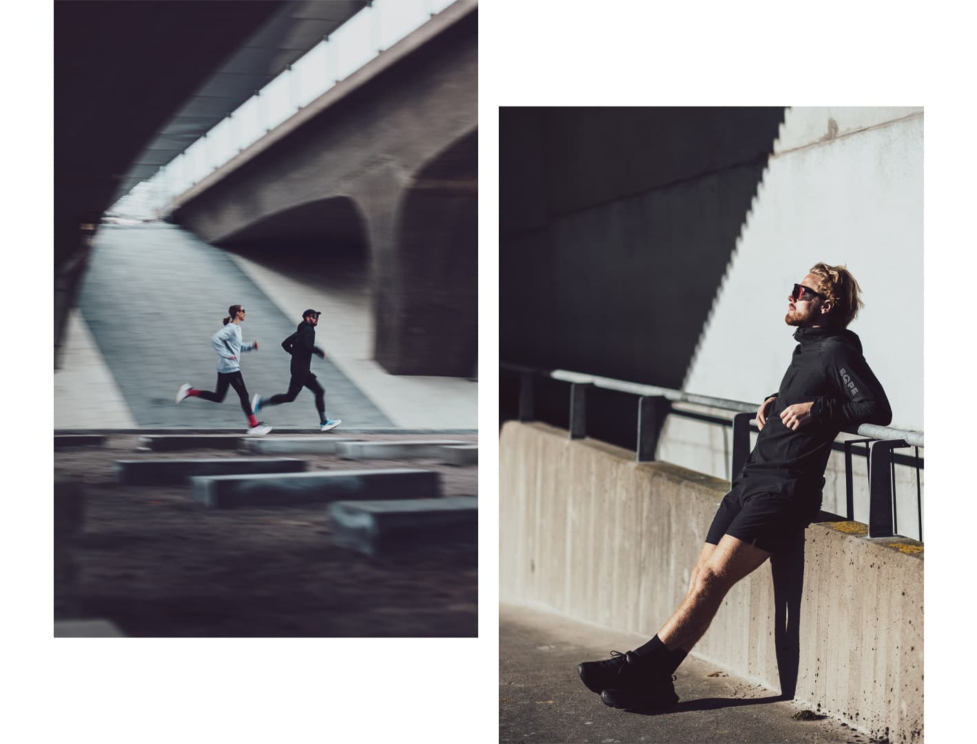 Two images: one of two people running under a bridge, the other of a person in athletic wear leaning against a wall in sunlight.
