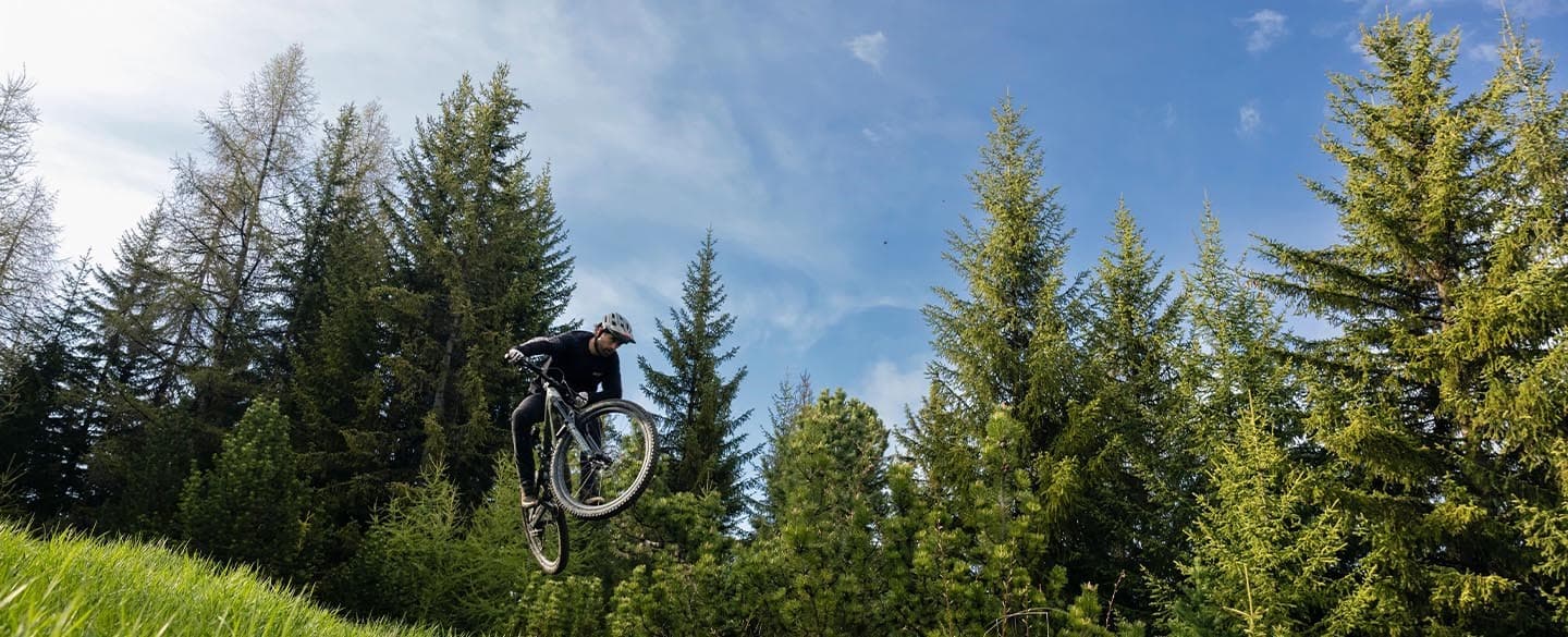 A cyclist performs a high jump on a mountain bike against a backdrop of tall evergreen trees and a clear blue sky.