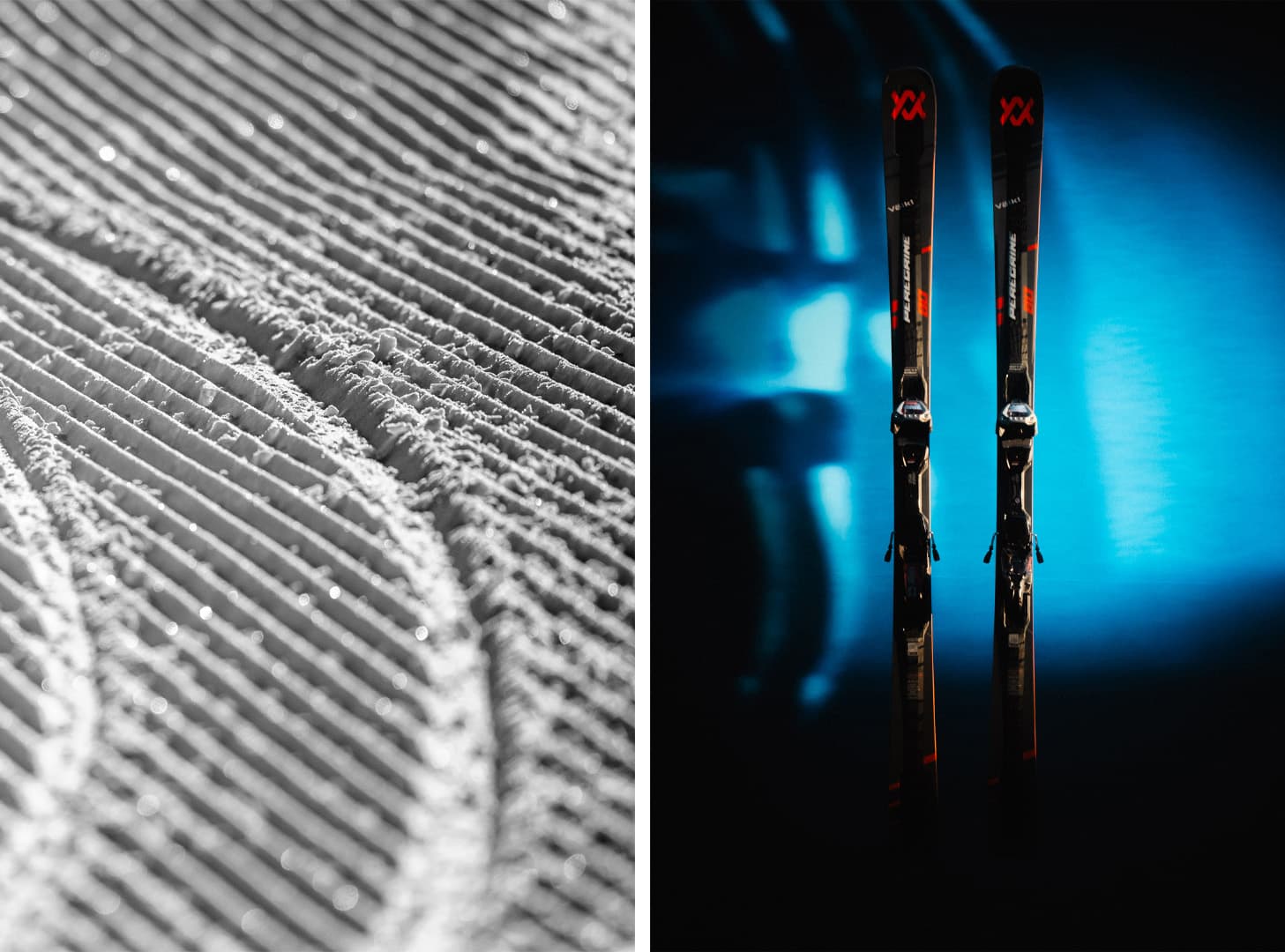 Close-up of grooved snow on the left and a pair of skis standing upright against a blue-lit background on the right.