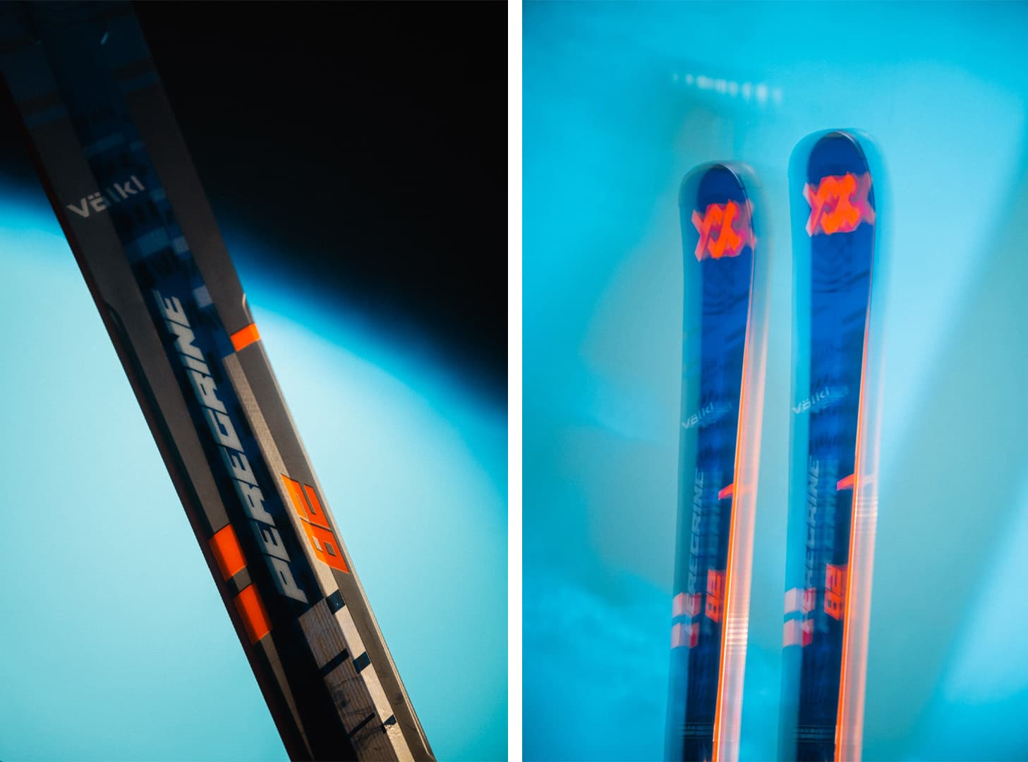 Close-up of Völkl skis with a blue and orange design, shown in two angles against a vibrant blue background.