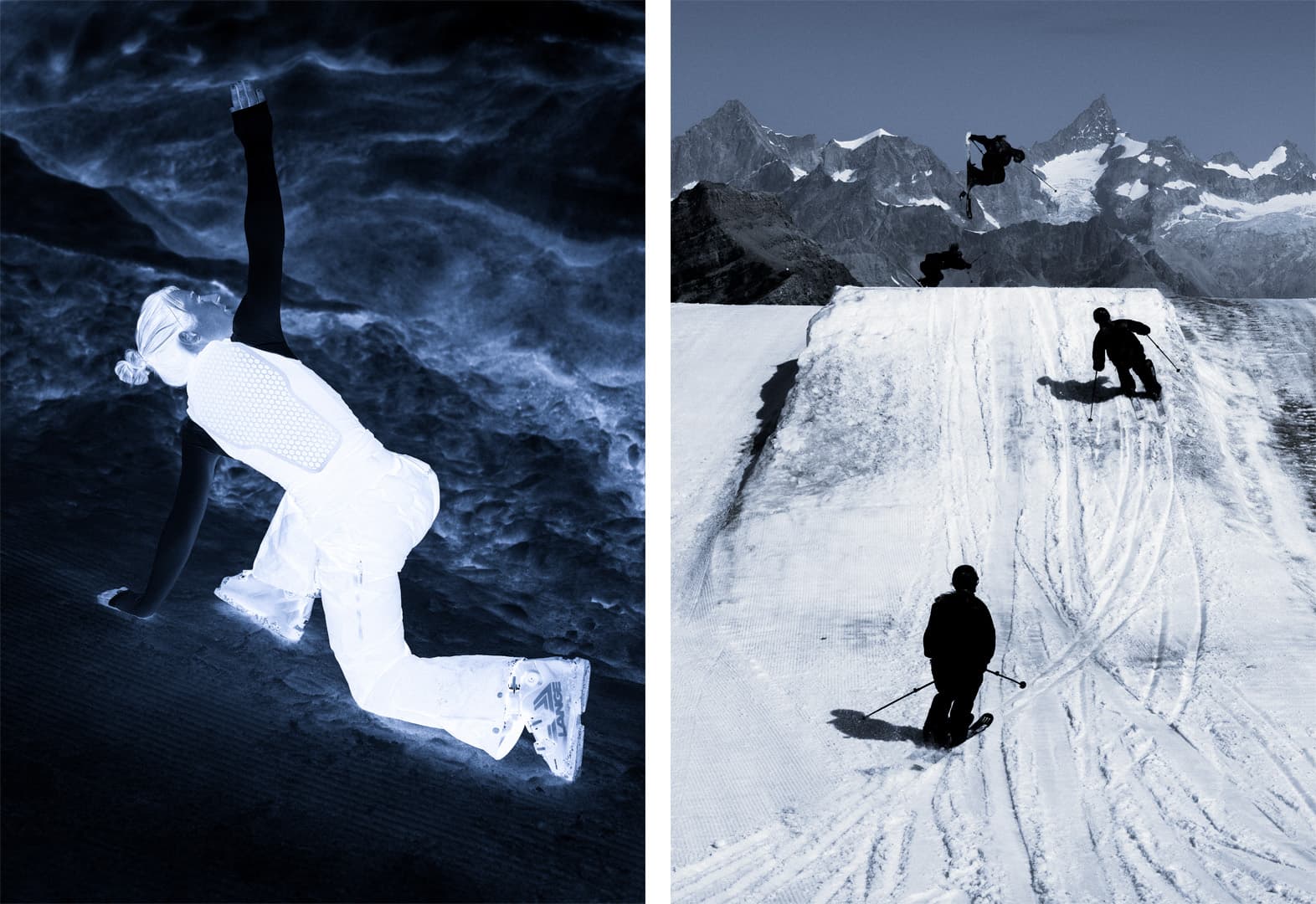 A split image: left shows a person kneeling with a raised arm in negative effect; right shows snowboarders jumping and riding on snowy slopes.