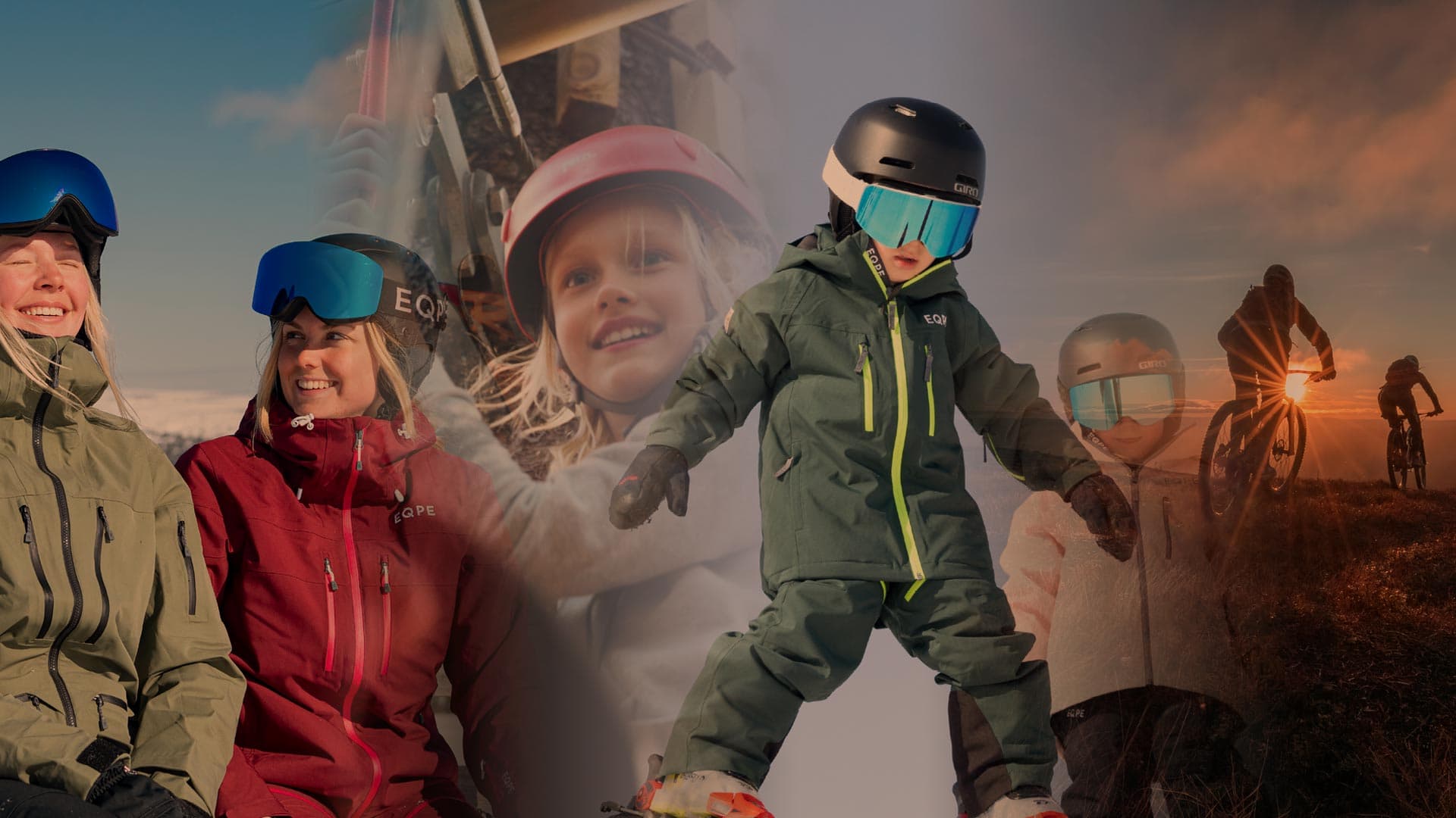Several people of different ages enjoying outdoor activities – children and adults in ski gear, a girl wearing a climbing helmet, and in the background, two cyclists riding into the sunset.