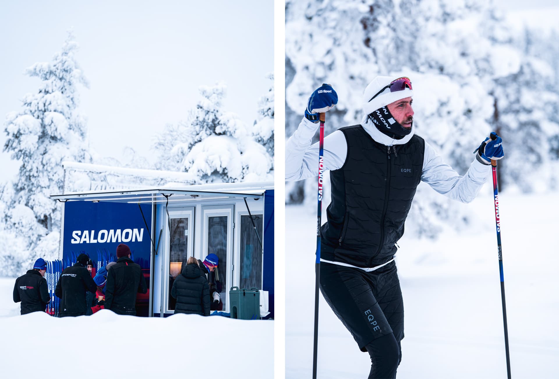 On the left, people gather near a Salomon cabin in a snowy landscape. On the right, a person skis, wearing winter gear and holding ski poles.