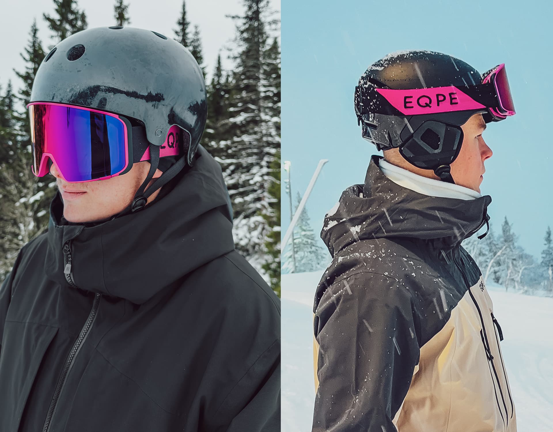 Split image: Oliwer Magnusson and Walter Wallberg wearing ski helmets and goggles in snowy settings. Left: black attire; right: black and white jacket, pink helmet accents.