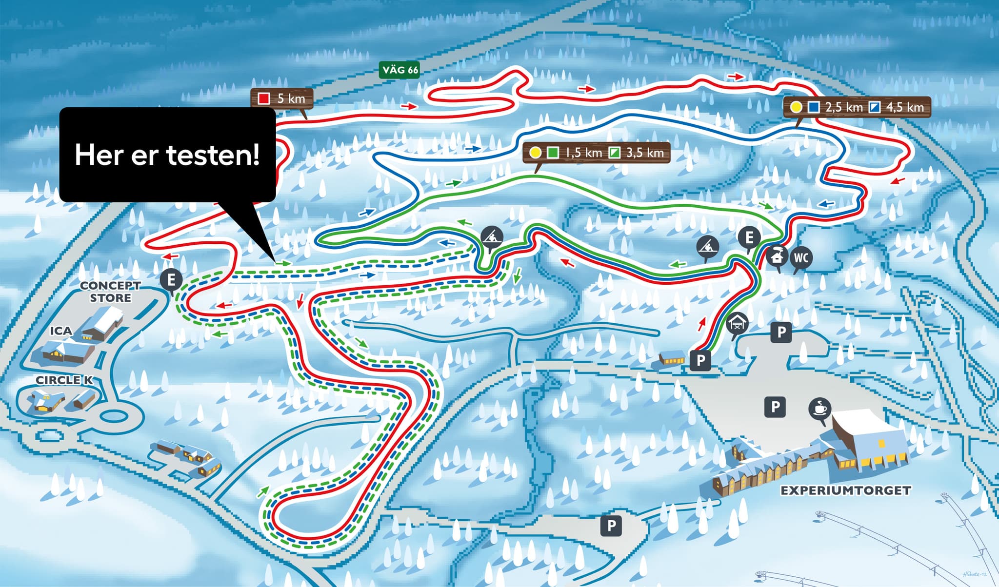 Map over the Cross Country Arena in Lindvallen, Sälen, that shows where the ski test will be; on the tracks right beside SkiStarshop Concept Store