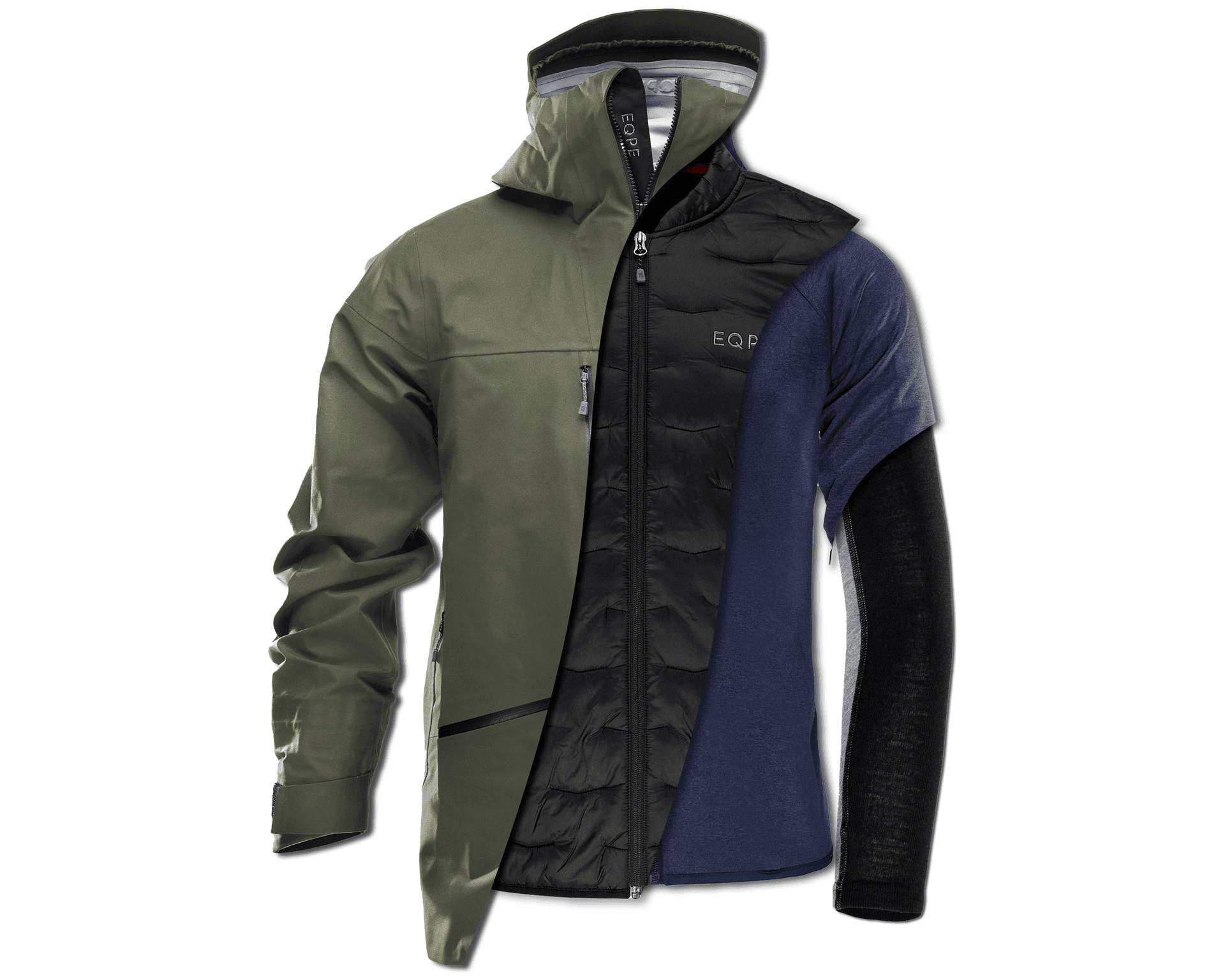 A composite image of a green ski jacket, black light weight jacket, blue mid layer jacket, and black base layer, layered and cut to show each garment.