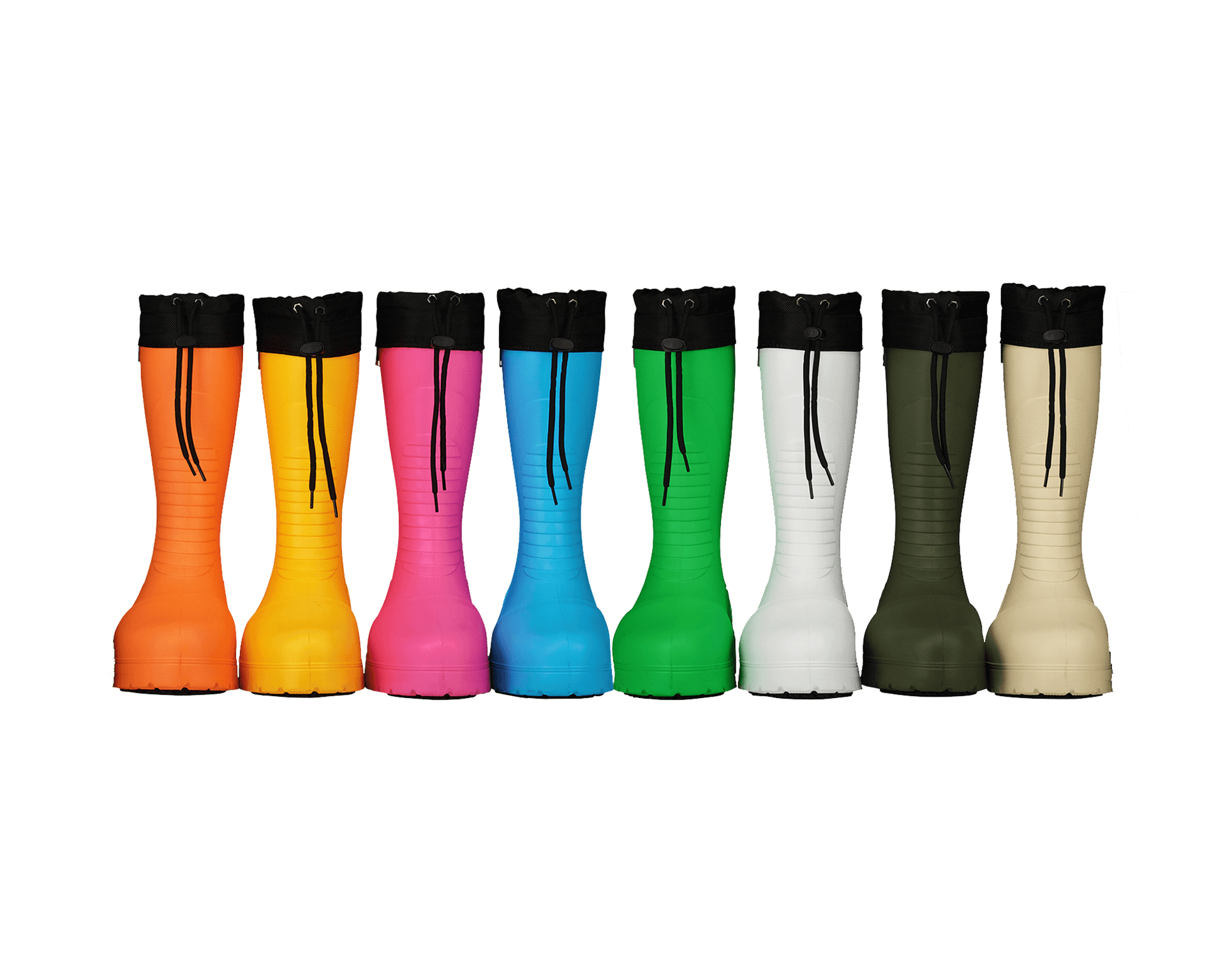 Seven colorful winter boots in a row from the brand Fubuki.