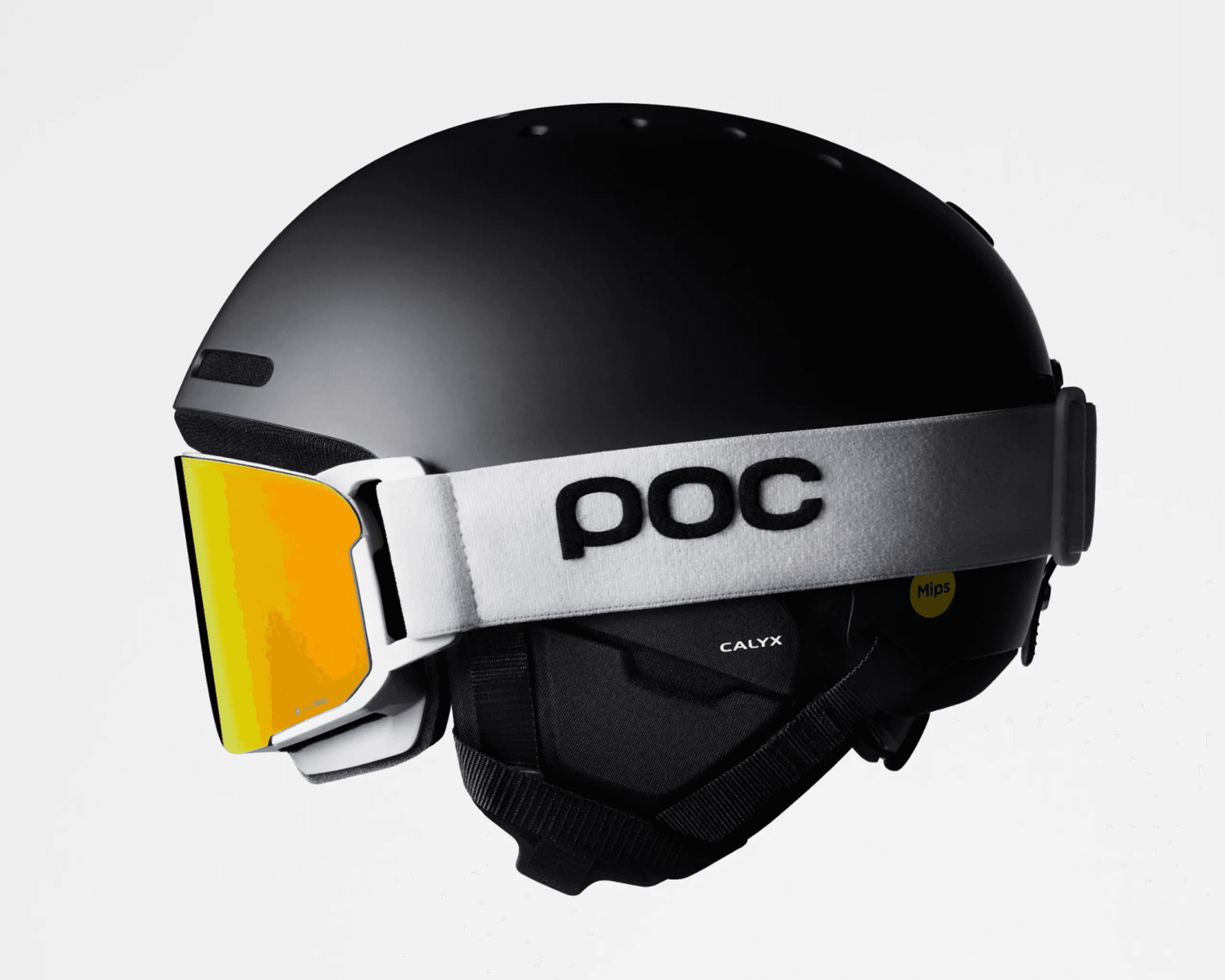 Black ski helmet with orange-tinted goggles and a white strap featuring the logo POC.