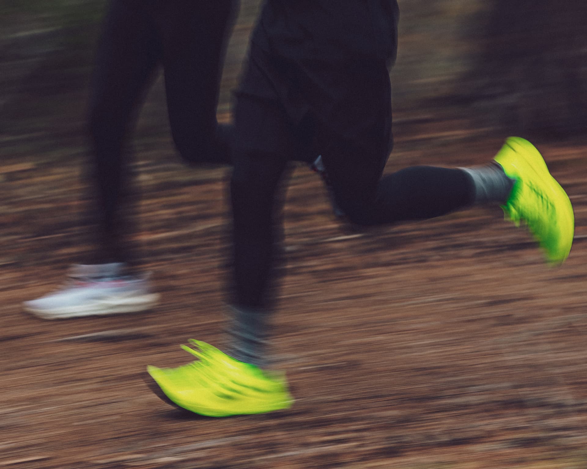 A blurred picture of the legs of two people running in a forest