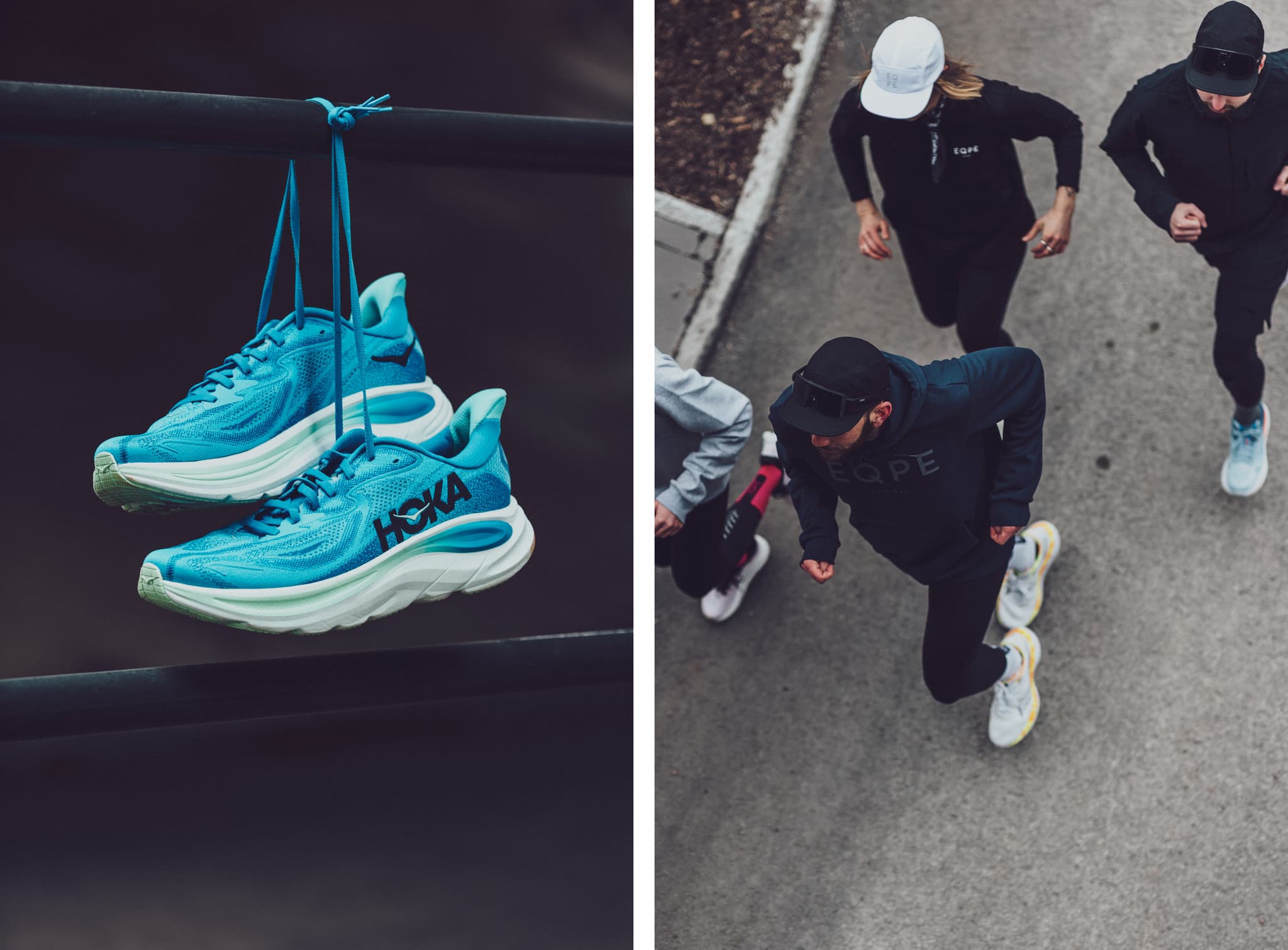 Split image: Blue running shoes hanging on a rail; four people jogging on a path wearing athletic gear.