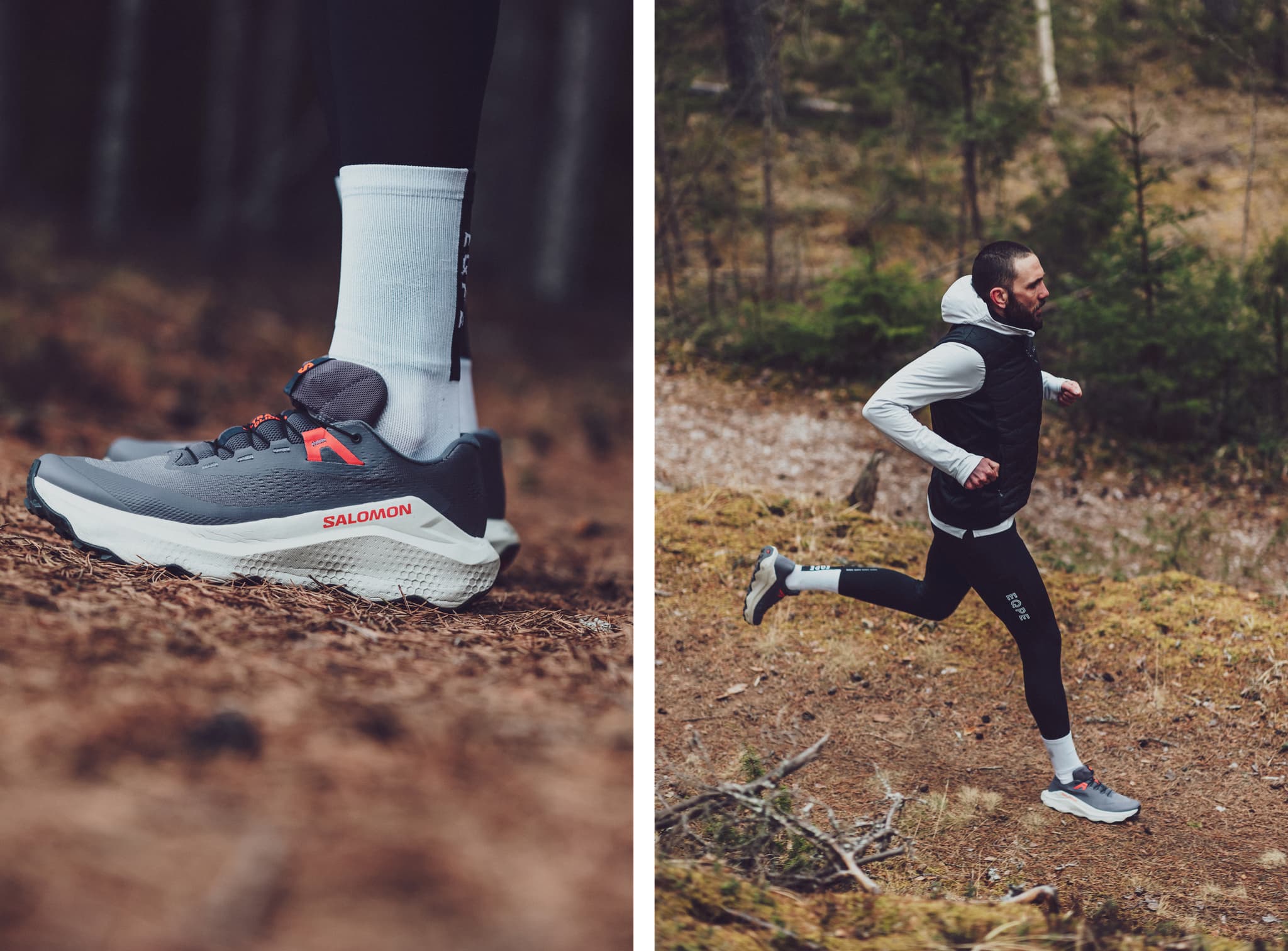 Close-up of a gray running shoe on the left; a man runs through a forest wearing similar shoes on the right.