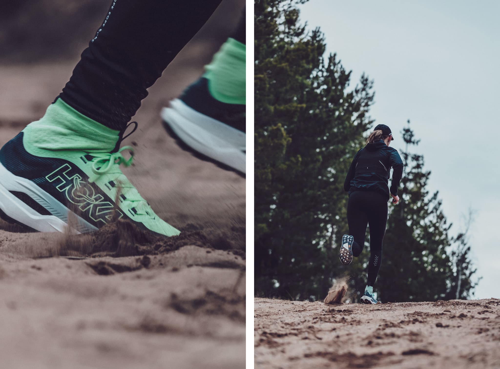 Close-up of a runner's green shoes on a sandy trail, followed by a wide shot of the runner moving away through a forested area.