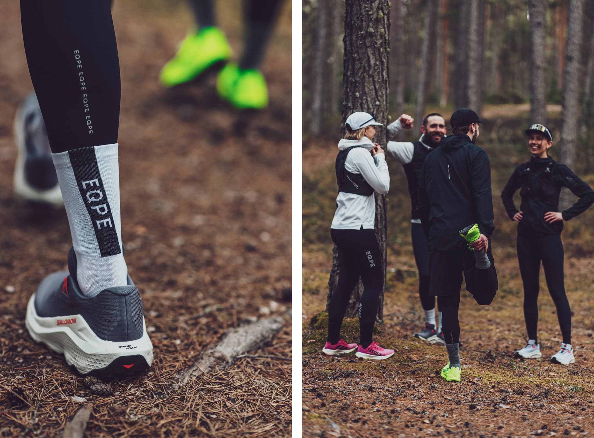Close-up of a runner's shoe on a forest path; group of runners stretching and chatting in athletic gear among trees.