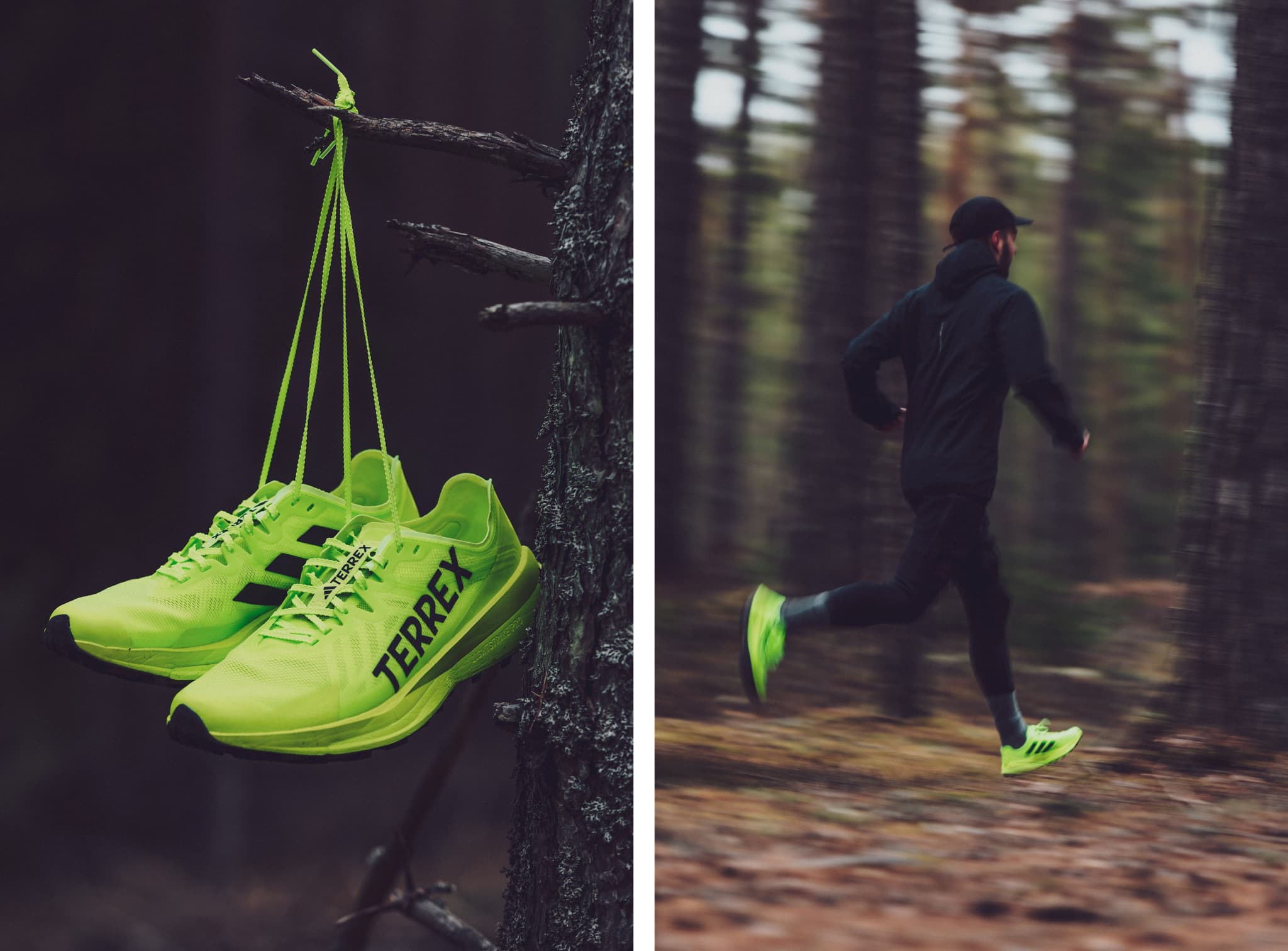 Split image: Bright green running shoes hang on a branch and a person runs through a forest.