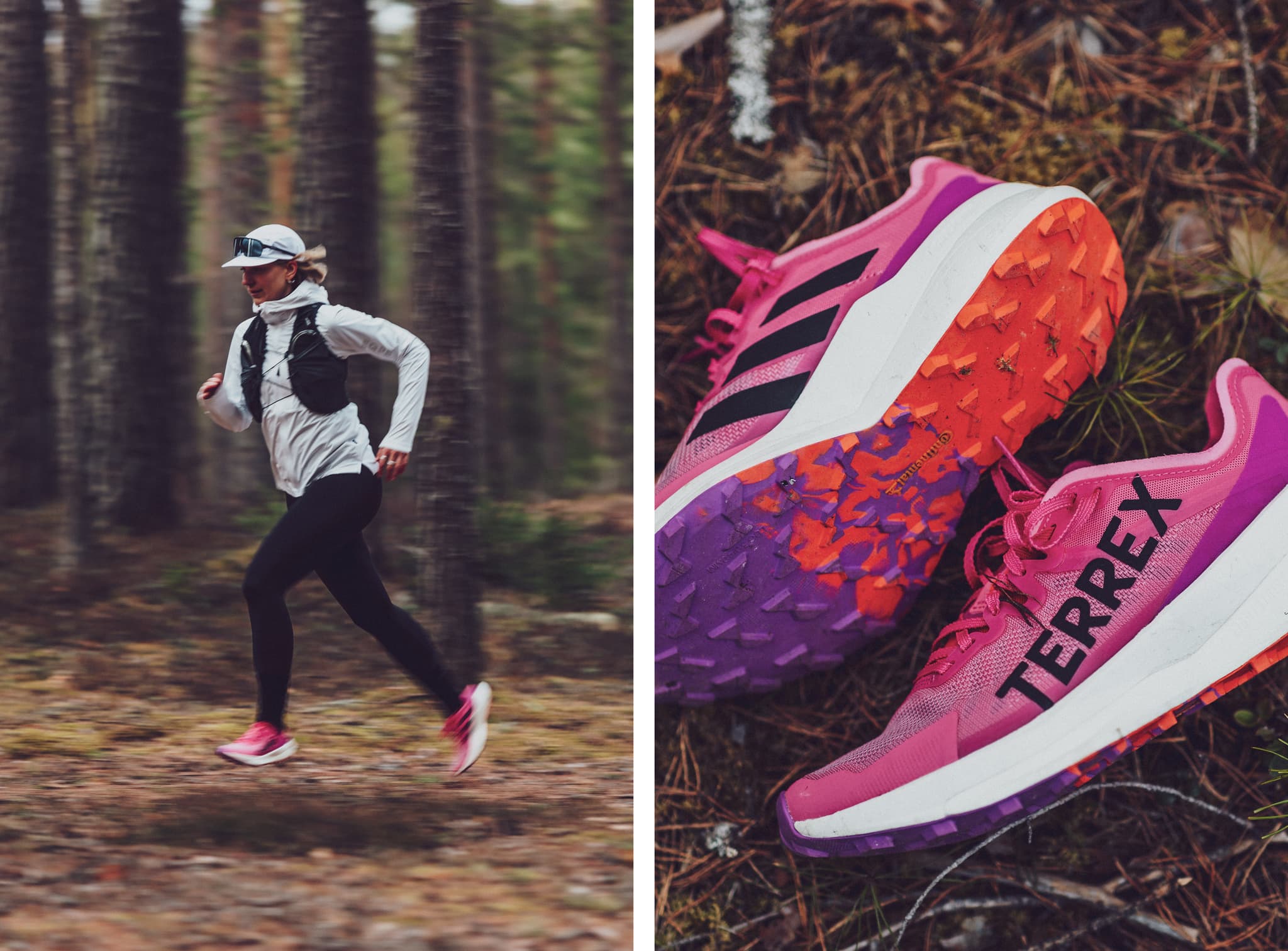 Left: Person running in a forest wearing athletic gear. Right: Close-up of pink and purple trail running shoes on forest floor.
