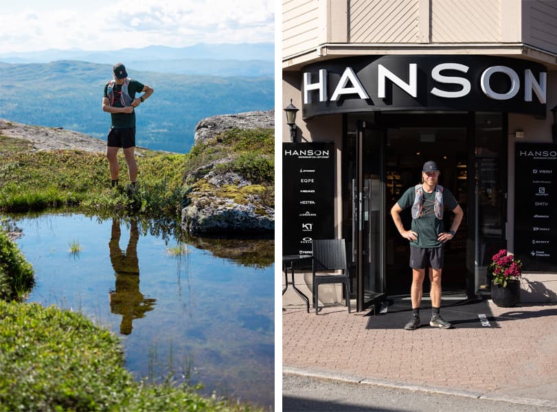 Two images: A man stands by a mountain pond, and in a second image, he stands outside a store named "Hanson.