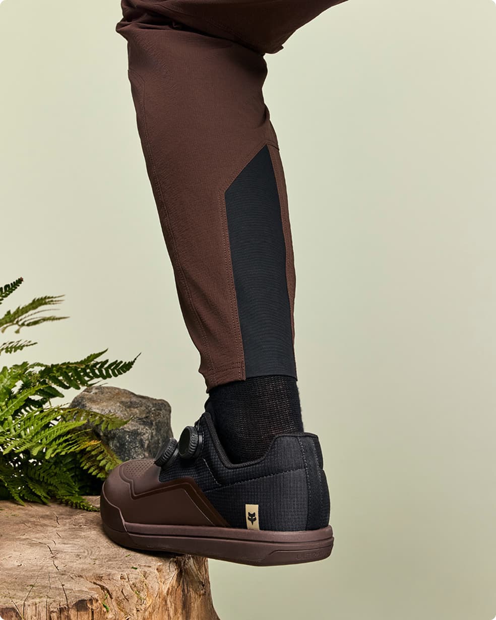 Leg wearing brown pants and black shoes, standing on a wooden surface with ferns and rocks in the background.