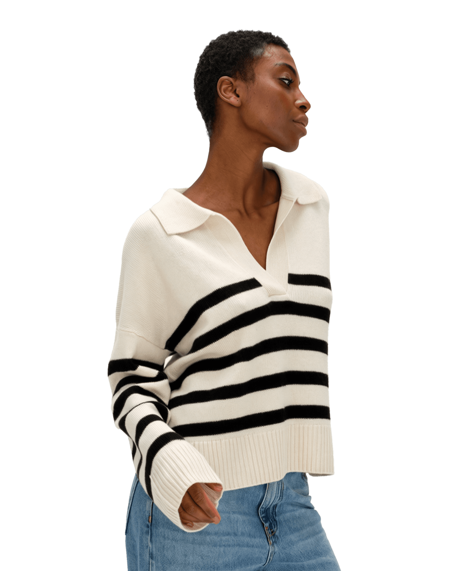 Chunky Open Collar Striped Sweater W White/Black